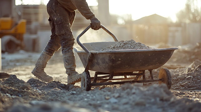 Construction Worker Pushing a Wheelbarrow of Concrete