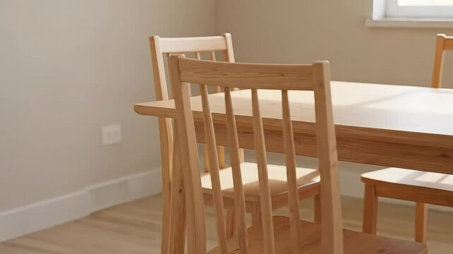 Wooden furniture dining area with natural light and neutral tones  