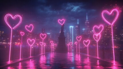 Romantic Cityscape Illumination: Neon Hearts Glow Against Urban Night Backdrop