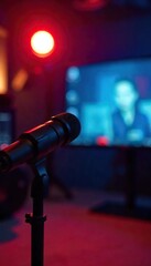 A professional studio broadcaster setup, featuring a microphone, lighting, and camera equipment, ready for a live show or recording session ,  sound equipment,  visual