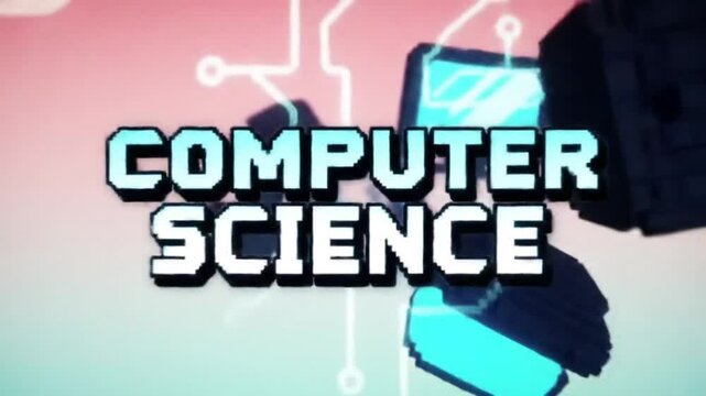 Computer Science Intro Animation with Pixel Text, Code Brackets, Circuits, and Icons on Digital Pastel Background &ndash; Educational Use

