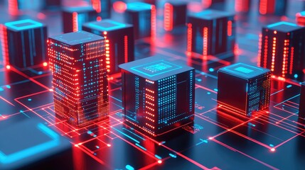 Futuristic digital cityscape, glowing data cubes interconnected on a circuit board