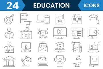 Education icon and Learning thin line icons vector set. University, textbook, editable learning, school, collage, book, bag symbol. Vector illustration.