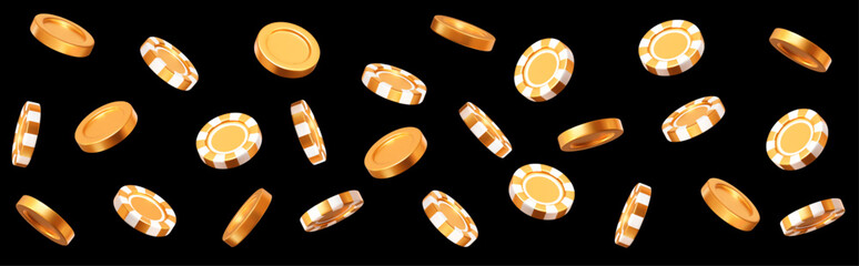 3d flying golden casino poker chips and coins with different angles. Gold and white chips for betting and gambling games. Stock vector illustration on black isolated background.