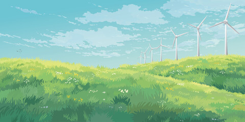Wind turbines on the hill in countryside landscape with blue sky background graphic illustration. Sustainable renewable green energy concept.