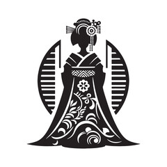 Fototapeta premium Graceful Furisode Vector Silhouette – Traditional Japanese Long-Sleeved Kimono, Elegant Patterns, Cultural Heritage, and Timeless Beauty in Minimalist Art.