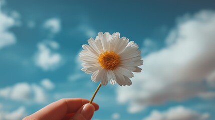 Hand Holding Daisy Against the Sky: Symbolizing Hope and Joy in Nature's Beauty
