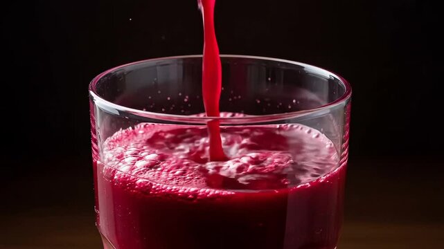 Freshly squeezed beet juice pouring into a glass with dark background  