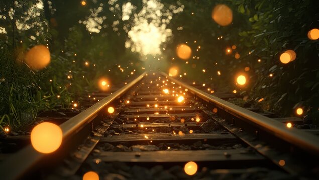 Golden light trails railway tracks through forest