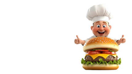 of a cheerful cartoon chef character in uniform holding up a freshly prepared cheeseburger with a thumbs up gesture against a white background