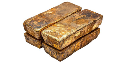 Several stacked rectangular blocks of weathered textured natural stone material against a clean white backdrop creating a simple minimalist composition with copy space