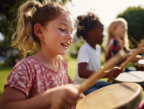 Diverse Group of Children Playing Drums Outdoors in Summer, Representing Music Education and Youth Development Programs in a Bright, Sunny Setting : Generative AI