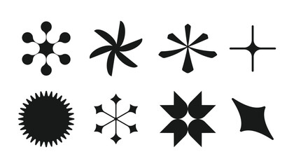 Brutalist abstract geometric shapes and grids. Brutal contemporary figure star oval spiral flower and other primitive elements. Swiss design aesthetic. Bauhaus memphis design. Vector illustration.