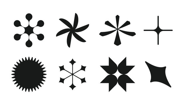 Brutalist abstract geometric shapes and grids. Brutal contemporary figure star oval spiral flower and other primitive elements. Swiss design aesthetic. Bauhaus memphis design. Vector illustration.