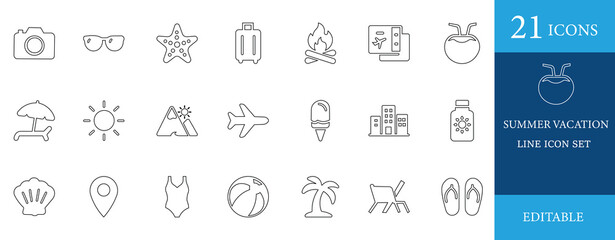 Minimal summer vacation line icon set. Includes travel, beach, sun, ice cream, palm tree, and adventure symbols. Perfect for websites, apps, stickers, and infographic designs