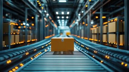 A futuristic automated conveyor belt system sorting delivery packages 