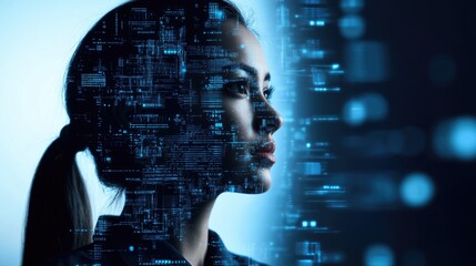Fototapeta premium Woman's profile superimposed with flowing digital code, symbolizing AI and technology