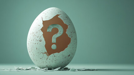 Cracked egg with question mark symbol on a green background.