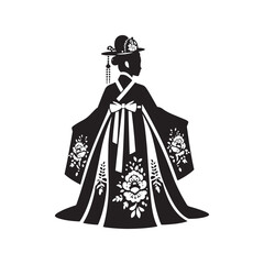 Elegant Hanbok Dress Vector Silhouette – Traditional Korean Attire, Vibrant Colors, Graceful Lines, Cultural Heritage, and Timeless Beauty in Minimalist Art.
