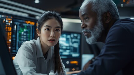 Two scientists, a young asian woman and a senior african american man, collaborating in a high-tech monitoring room, analyzing complex data on computer screens