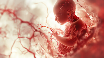 Human fetus growing inside the womb, connected to placenta through umbilical cord and blood vessels, illustrating the miracle of life and prenatal development