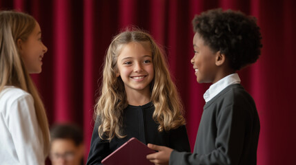 Group of diverse elementary school students interacting and smiling, possibly practicing a presentation in front of a red curtain, with one student holding a tablet
