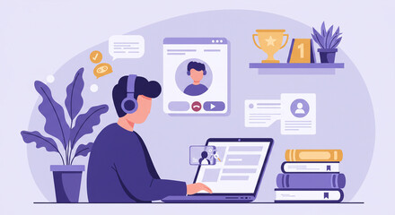 Man attending an online meeting on his laptop with video call and chat on a light purple background