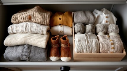 Organized baby clothes in dresser drawer, neutral tones, winter wear