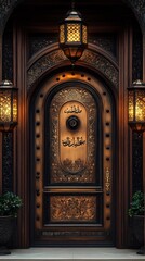 Ornate Wooden Doorway with Intricate Carvings and Lighting