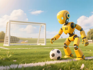 A yellow AI robot is playing ball on a grass field, with a goal and the evening sky in the background.