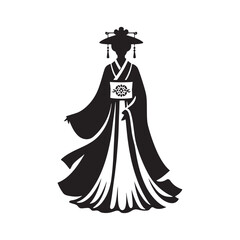 Obraz premium Graceful Hanfu Dress Vector Silhouette – Ancient Chinese Traditional Attire, Flowing Robes, Elegant Patterns, Cultural Heritage, and Timeless Beauty in Minimalist Art. 