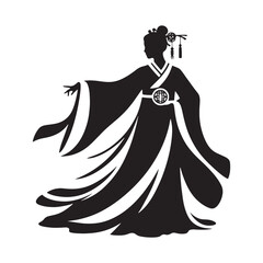 Graceful Hanfu Dress Vector Silhouette – Ancient Chinese Traditional Attire, Flowing Robes, Elegant Patterns, Cultural Heritage, and Timeless Beauty in Minimalist Art.
