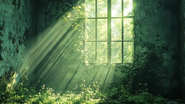 Sunbeams pierce a dilapidated room, overgrown with lush vegetation, creating a serene, yet eerie atmosphere