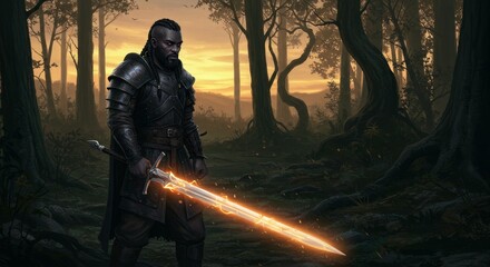 Naklejka premium Warrior in the Duskwood - A dark-skinned warrior stands in a dark forest, holding a glowing sword. Sunset in the background