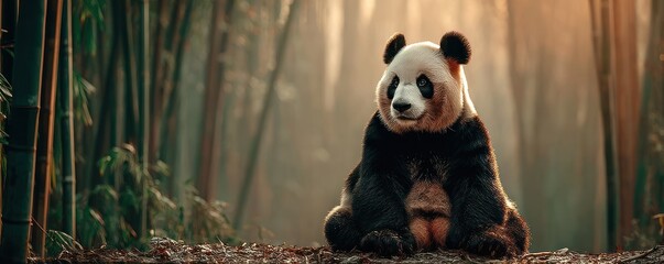 Obraz premium Panda sitting bamboo forest sunrise nature calm
