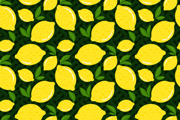 Fresh yellow Lemons with Leaves, Seamless Vector Pattern on dark black Abstract Background, Perfect for textiles, wallpapers, packaging, and summer design themes.