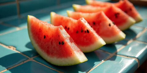 Sliced watermelon on blue tiles