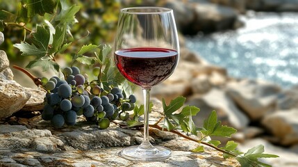 Red wine glass by grapevine and ocean