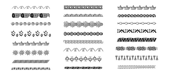 Ethnic tribal border, traditional hand drawn divider, doodle separator. Ancient motif line geometric brush, for frames, design element. 