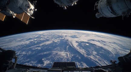 Earth's curvature viewed from space station, showing a partially cloudy planet with spacecraft components visible in the foreground and background