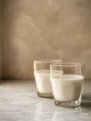 Two glasses of milk on a marble countertop.