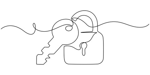 Padlock continuous one line drawing illustration. Lock continuous one line drawing of Isolated outline vector design, Continuous one line drawing of padlock with key. Single line drawing illustration