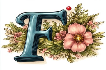 Decorative floral letter F with blooming flowers AI generated