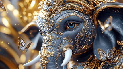 A richly detailed and ornate depiction of the Hindu deity Ganesha adorned in intricate golden embellishments and bejeweled accents conveying a sense of majestic spirituality and cultural heritage