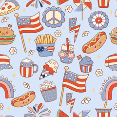 Retro 4th of July Seamless Pattern Isolated Hand Drawn Design for Fabric Digital paper Vector
