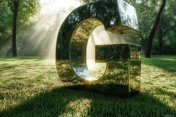 Giant natural letter G sculptures in forest landscape AI generated