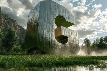 Monumental sculpted letter G in morning forest light AI generated
