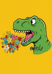 Obraz premium Cute Green T-Rex Spitting Flowers