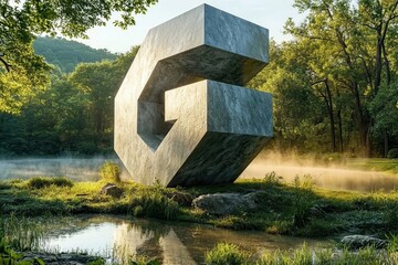 Monumental sculpted letter G in morning forest light AI generated