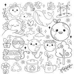 Groovy Earth Day Doodle Cartoon Style Hand Drawn Elements Outline Coloring Page Vector